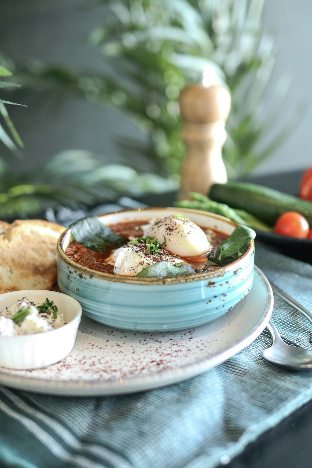 Bowl of traditional Czech kulajda soup with a poached egg and dill